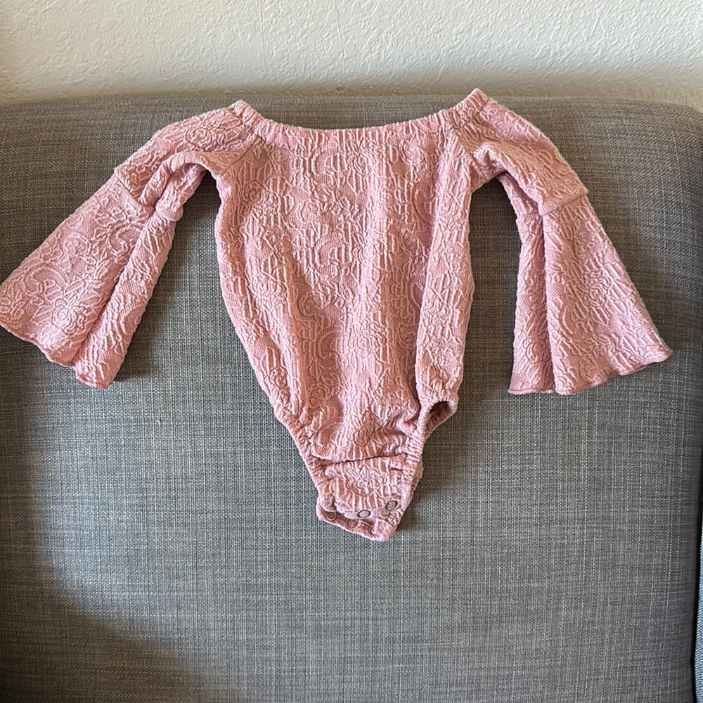 Bell long sleeve leotard blush pink with printed fabric 9-12 months